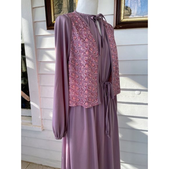 Vintage 1970s Sears Dress with Vest Mauve Poly knit Size 18 - Picture 2 of 16
